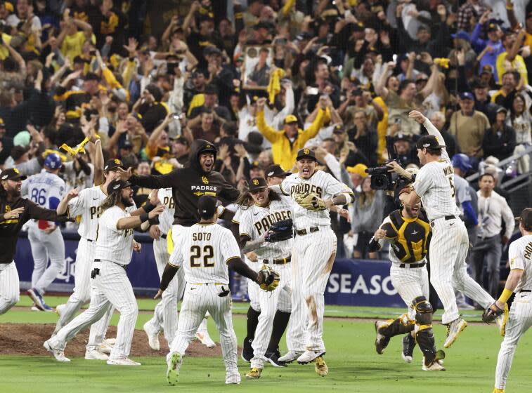 San Diego, CA, Saturday, October 15, 2022 - The San Diego Padres celebrate defeating the Los Angeles Dodgers.