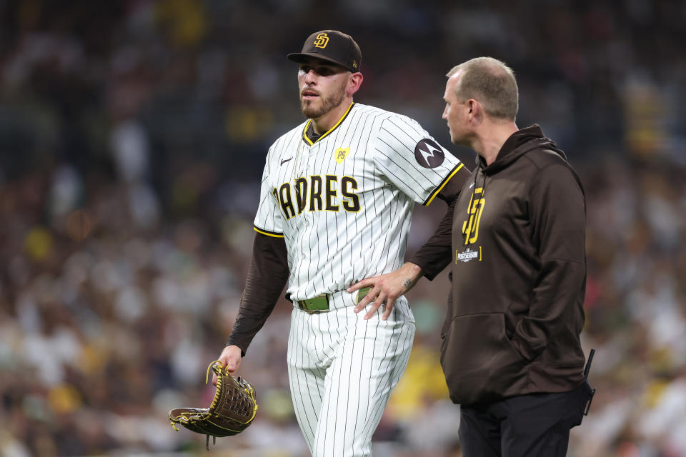 SAN DIEGO, CALIFORNIA - OCTOBER 02: Joe Musgrove #44 of the San Diego Padres leaves the game against the Atlanta Braves during the fourth inning in Game Two of the Wild Card Series at Petco Park on October 02, 2024 in San Diego, California.  (Photo by Sean M. Haffey/Getty Images)