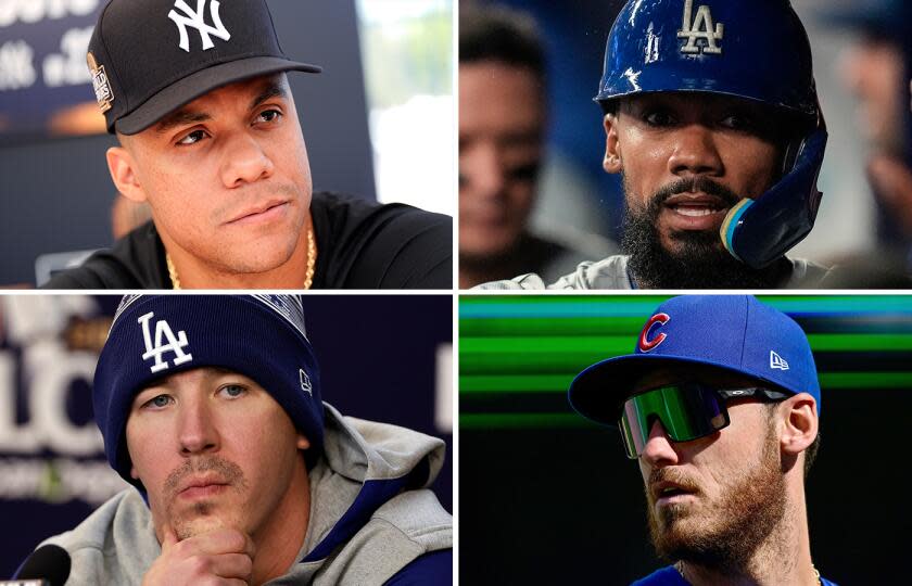 Top left: New York Yankees Dominican Juan Soto speaks at media day before the start of the World Series between the Yankees and the Los Angeles Dodgers on Thursday, October 24, 2024. (AP Photo/Julio Cortez) Top right: Los Angeles Dodgers' Teoscar Hernández (37) celebrates scoring off the bat of Los Angeles Dodgers' Tommy Edman (25) who hits an RBI-single in the fourth inning of a baseball game against the Atlanta Braves, Friday, Sept. 13, 2024, in Atlanta. (AP Photo/Mike Stewart) Bottom left: Los Angeles Dodgers pitcher Walker Buehler talks to the media Tuesday, Oct. 15, 2024, in New York ahead of Game 3 of the baseball NL Championship Series against the New York Mets. (AP Photo/Adam Hunger). Bottom right: DENVER, COLORADO - SEPTEMBER 15: Cody Bellinger #24 of the Chicago Cubs returns to the dugout after the fifth inning against the Colorado Rockies at Coors Field on September 15, 2024 in Denver, Colorado. (Photo by Dustin Bradford/Getty Images)