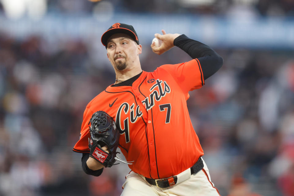SAN FRANCISCO, CALIFORNIA - AUGUST 30: Blake Snell #7 of the San Francisco Giants pitches in the top of the first inning against the Miami Marlins at Oracle Park on August 30, 2024 in San Francisco, California. (Photo by Lachlan Cunningham/Getty Images)