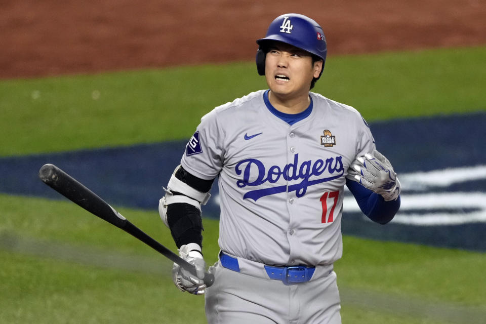 Los Angeles Dodgers' Shohei Ohtani reacts after fouling a pitch against the New York Yankees during the seventh inning in Game 3 of the baseball World Series, Monday, Oct. 28, 2024, in New York. (AP Photo/Seth Wenig)