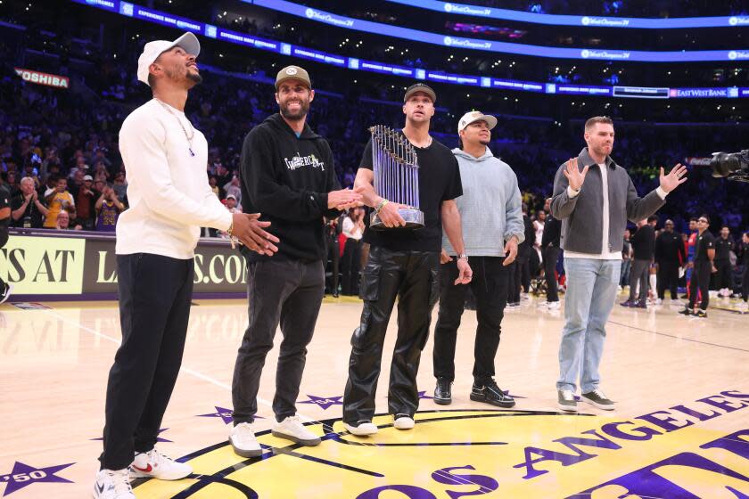 Los Angeles, California November 8, 2024-Dodger players from left, Mookie Betts, Chris Taylor.
