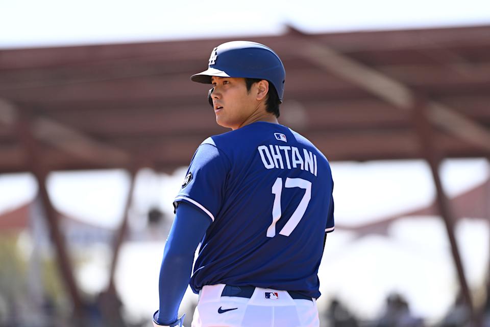 GLENDALE, ARIZONA - MARCH 10: Shohei Ohtani #17 of the Los Angeles Dodgers looks to the outfield while standing on third base against the Arizona Diamondbacks during a spring training game at Camelback Ranch on March 10, 2025 in Glendale, Arizona. (Photo by Norm Hall/Getty Images)