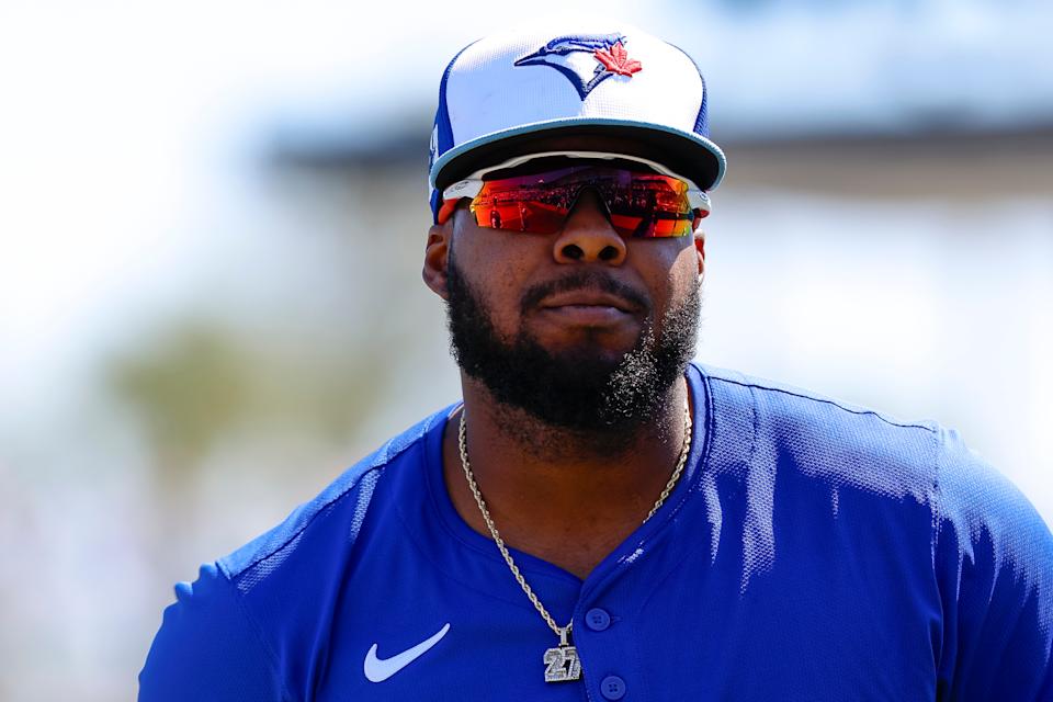 DUNEDIN, FLORIDA - FEBRUARY 28: Vladimir Guerrero Jr. #27 of the Toronto Blue Jays walks on the field prior to a spring training game against the Detroit Tigers at TD Ballpark on February 28, 2025 in Dunedin, Florida. (Photo by Brandon Sloter/Getty Images)