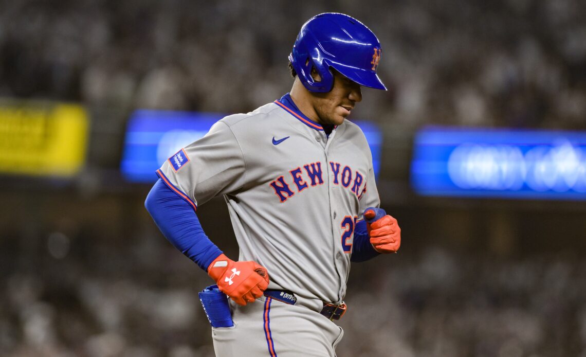 May 16, 2025; Bronx, New York, USA; New York Mets outfielder Juan Soto (22) reacts after grounding out against the New York Yankees during the seventh inning at Yankee Stadium. Mandatory Credit: John Jones-Imagn Images