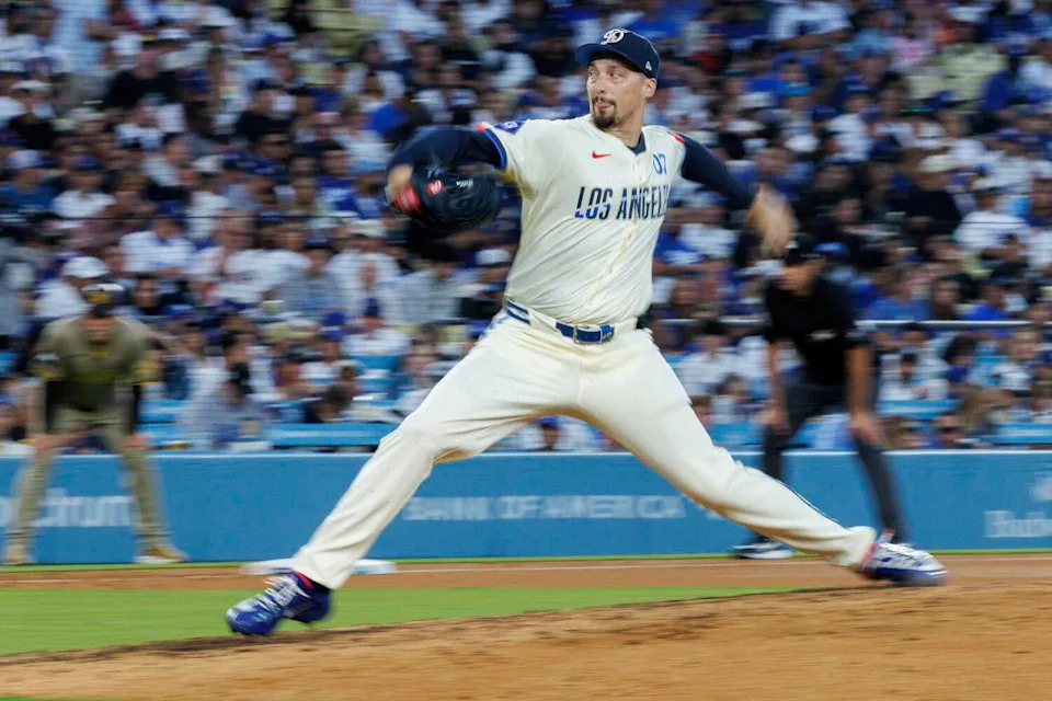 Dodgers pitcher Blake Snell delivers against the Padres at Dodger Stadium on Saturday.