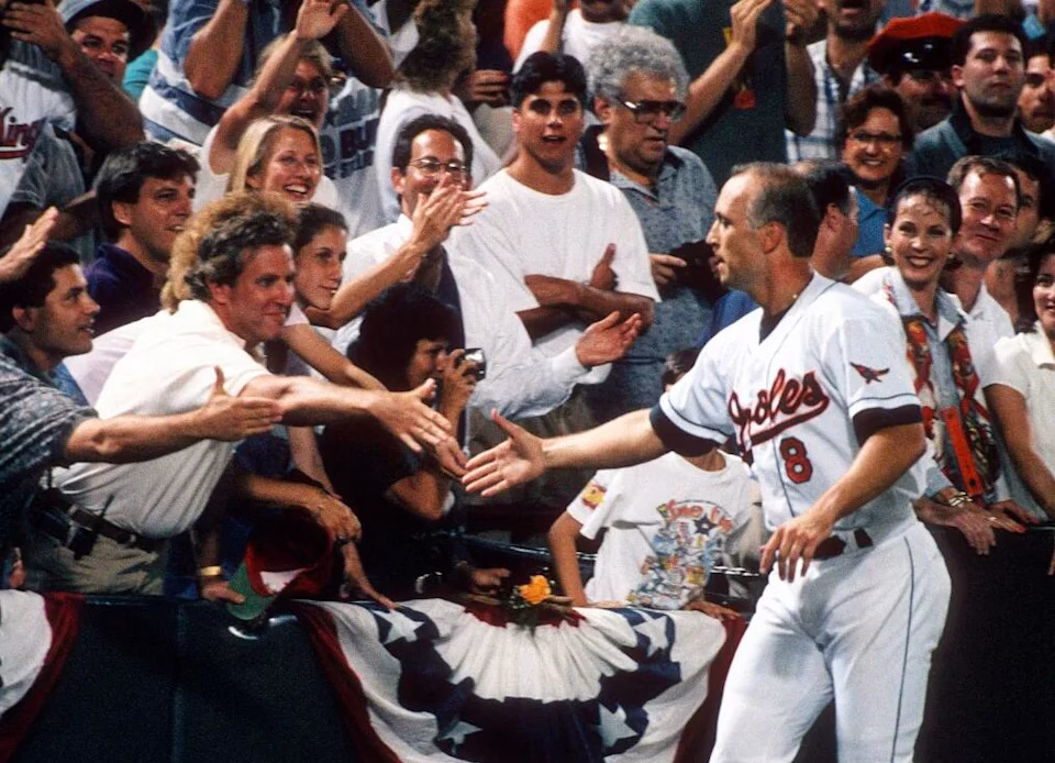 Baltimore Orioles' Cal Ripken Jr. acknowledge the fans as he gets a standing ovation.